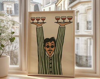 Minimalistischer Kellner Kunstdruck, Retro Servierring Dekor, Weingläser Bar Poster, Lustige Küchen Kunst Geschenk, Cafe Barkeeper Illustrationv
