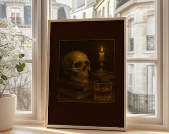 May include: A framed print featuring a still life with a skull, books, a lit candle, and a glass of amber liquid. The artwork is set against a dark background, with a warm, golden color palette. The print is displayed on a windowsill.