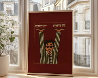 Poster Camarero Minimalista, Arte Barman Retro, Copas De Vino, Decor Bar, Arte Restaurante Vintage Para Cocina, Cafe Y Comedor