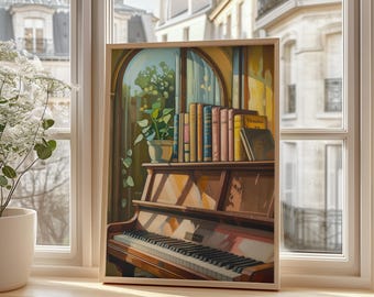 May include: A framed artwork depicts a piano with a keyboard and a shelf of books. The artwork is set in a window with a view of a European city. A potted plant sits on the shelf. The artwork is in a wooden frame.