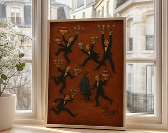 Tiny People Print, Funny Retro Restaurant Poster For Kitchen, Bar Or Cafe Decor, Food Art With Servers, Cocktails & Cakes, cafe wall decor