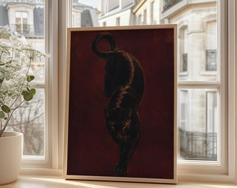 May include: A rectangular framed wall art print featuring a dark, sleek panther walking forward against a deep, solid maroon background. The panther is depicted in a realistic style with its tail curved upward, showcasing its muscular form.