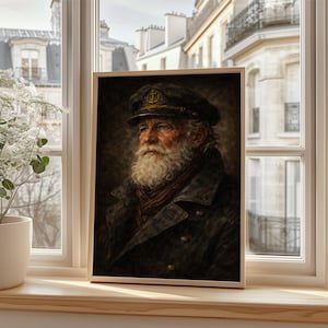 May include: A framed portrait of an elderly man with a long white beard, wearing a captain's hat and a dark coat. The portrait is set against a dark background, with a window and cityscape visible in the background.