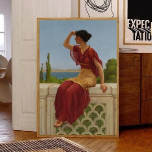 The Signal, Classical Art Poster, Female Portrait Print, Vintage Print, Art Deco Print, Roman Lady Print, Red Dress Print, Garden Art Print