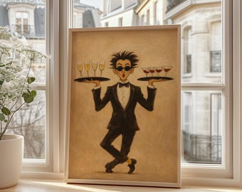 May include: A framed print of a cartoon waiter in a black tuxedo and sunglasses, balancing trays of wine glasses. The artwork has a vintage style, with a sepia-toned background. The print is displayed on a wooden windowsill.