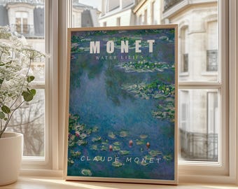 May include: A framed print of Claude Monet's "Water Lilies" painting. The artwork features a serene water scene with lily pads and flowers in shades of blue, green, and pink. The title and artist's name are displayed in white text.