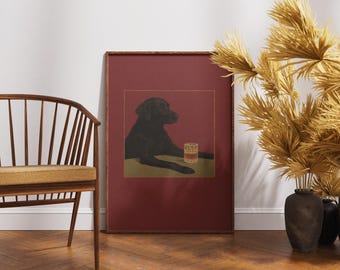 May include: A framed rectangular wall art print featuring a dark-colored dog lying down on a tan surface next to a glass of amber liquid. The artwork is set against a deep maroon background within a thin gold border, all encased in a wooden frame.