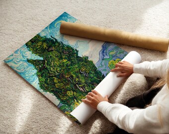 ゴッホの糸杉ポスター、風景画、緑の自然プリント、鮮やかな空の絵画