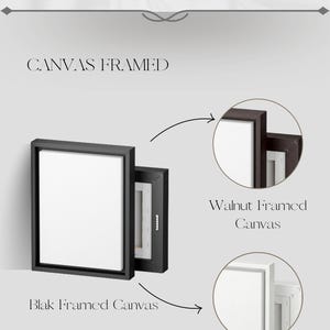 K&ouml;nnte beinhalten: Eine Produktdarstellung mit drei gerahmten Leinwandoptionen unter der &Uuml;berschrift CANVAS FRAMED. Das Bild zeigt eine schwarz gerahmte Leinwand, eine nussbaumfarben gerahmte Leinwand und eine wei&szlig; gerahmte Leinwand. Text Fatih Tiryaki DESIGN.