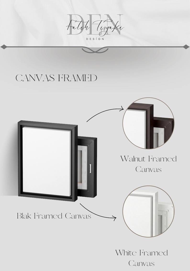 K&ouml;nnte beinhalten: Eine Produktdarstellung mit drei gerahmten Leinwandoptionen unter der &Uuml;berschrift CANVAS FRAMED. Das Bild zeigt eine schwarz gerahmte Leinwand, eine nussbaumfarben gerahmte Leinwand und eine wei&szlig; gerahmte Leinwand. Text Fatih Tiryaki DESIGN.