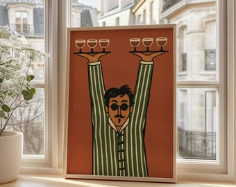 Poster Camarero Minimalista, Arte Camarero Retro, Copas De Vino, Decor Bar Para Cocina, Cafe Y Restaurante Vintage