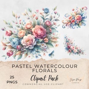 Pastelbloemen clipart, clipart voor commercieel gebruik, 25 transparante png-bestanden, aquarel bloemen kransen bloemen botanicals bloemblaadjes