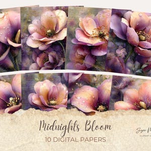 May include: Ten digital papers with watercolour floral designs. The images show close-ups of flowers in pink, purple, and gold, with water droplets. The text "Midnights Bloom" and "10 DIGITAL PAPERS" is visible.