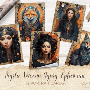 Tarjetas de retratos efímeros wiccanos místicos, bruja gitana bohemia, papel imprimible de grimorio digital, kit de álbum de recortes de animales espirituales mágicos lunares de 8,5 x 11 pulgadas