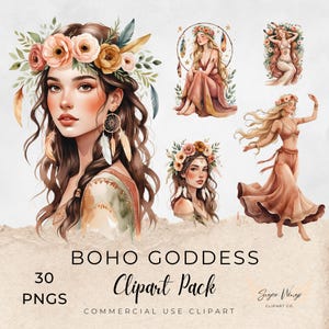 Pack de cliparts déesse bohème | Boho Mesdames PNG | Âme gitane sauvage et libre | Aquarelle florale bohème terreuse | Clipart à usage commercial