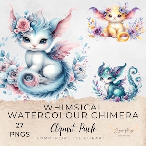 Peut inclure: Un pack de cliparts aquarelle avec trois chimères fantaisistes. La chimère principale est blanche et bleue avec des accents roses, des détails floraux et de grandes oreilles. Le texte "WHIMSICAL WATERCOLOUR CHIMERA" et "Clipart Pack" est également visible.