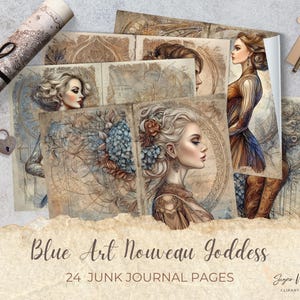 Pagine di diario "Dea Art Nouveau Blu", 24 fogli stampabili per scrapbooking floreale vintage, collage digitale, download istantaneo, 11 x 8,5 cm