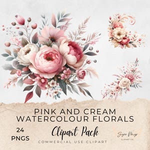 Clipart floral rosa y crema, clipart para uso comercial, PNG transparentes, acuarelas florales, coronas, flores, botánicos, pétalos