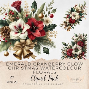 May include: Watercolor clipart pack featuring Christmas floral arrangements. The design includes red and white amaryllis, roses, holly, pinecones, and gold bells. The text reads "EMERALD CRANBERRY GLOW CHRISTMAS WATERCOLOUR FLORALS Clipart Pack".