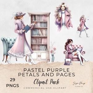 Imágenes prediseñadas de pétalos y páginas de color morado pastel para uso comercial, 28 PNG transparentes de color lila, ideales para agendas y artículos de papelería.
