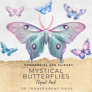 Mystische Schmetterling Clipart, Clipart für kommerzielle Nutzung, transparente PNGs, Pastell Aquarell, rosa lila blaue wunderliche magische Motten