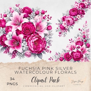 Può includere: Una collezione digitale di composizioni floreali ad acquerello rosa fucsia e argento con rose, gigli e piccoli fiori. Il testo recita: FUCHSIA PINK SILVER WATERCOLOUR FLORALS, 34 PNGS, Clipart Pack, Sugar Wings Clipart Co.