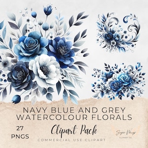 May include: A collection of navy blue and grey watercolour floral clipart. The image showcases various floral arrangements in navy, white, and grey hues. Text on the image reads "Navy Blue and Grey Watercolour Florals" and "Clipart Pack".