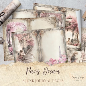 Paris Dream Junk-Journal Digitales Papier, Vintage Pariser 8 Seiten, bedruckbare Ephemera Papierhandwerk Collage Sheer 11 x 8.5, Kirschblüte rosa