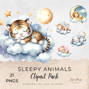 Clipart di animali assonnati ad acquerello, Clipart per uso commerciale, PNG trasparenti, ninna nanna di cuccioli addormentati, leone, tigre, orso, cane, topo