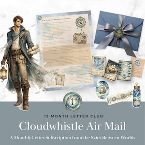 May include: A 12-month letter subscription set titled Cloudwhistle Air Mail featuring a character illustration, a printed letter, a blue envelope with a grey ribbon and wax seal, several illustrated cards, a circular token, and a glass bottle.