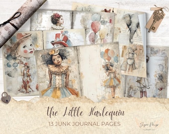 Circus Junk Journal Pages, 16 Printable Kit The Little Harlequin Collage, Vintage Clown Kids Big Top Paper Digital Scrapbook Sheet 11x8.5