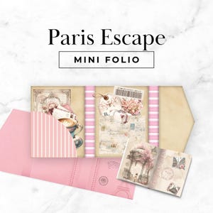 May include: A Paris Escape mini folio featuring a tri-fold design with pink and white striped accents. The interior displays vintage-style illustrations of a coffee cup, floral motifs, and postal stamps, accompanied by a small open booklet.