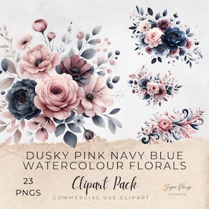 Dusky Pink und Marineblau Blumen Clipart, Clipart für kommerzielle Nutzung, transparente PNGs, Aquarell Kränze Blumen Botanicals Blütenblätter