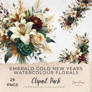 Puede incluir: Paquete de imágenes prediseñadas florales en acuarela con tonos esmeralda, dorado y burdeos. La imagen presenta ramos de lirios, rosas y otras flores. El texto dice "Emerald Gold New Years Watercolour Florals" y "Clipart Pack".