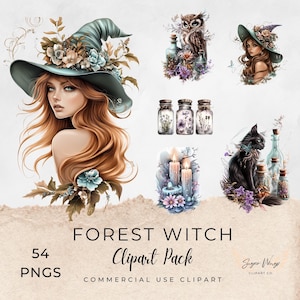 May include: Digital art featuring a collection of illustrations with a forest witch theme. Includes a woman with a witch hat, an owl, a black cat, jars, candles, and the text "Forest Witch Clipart Pack".