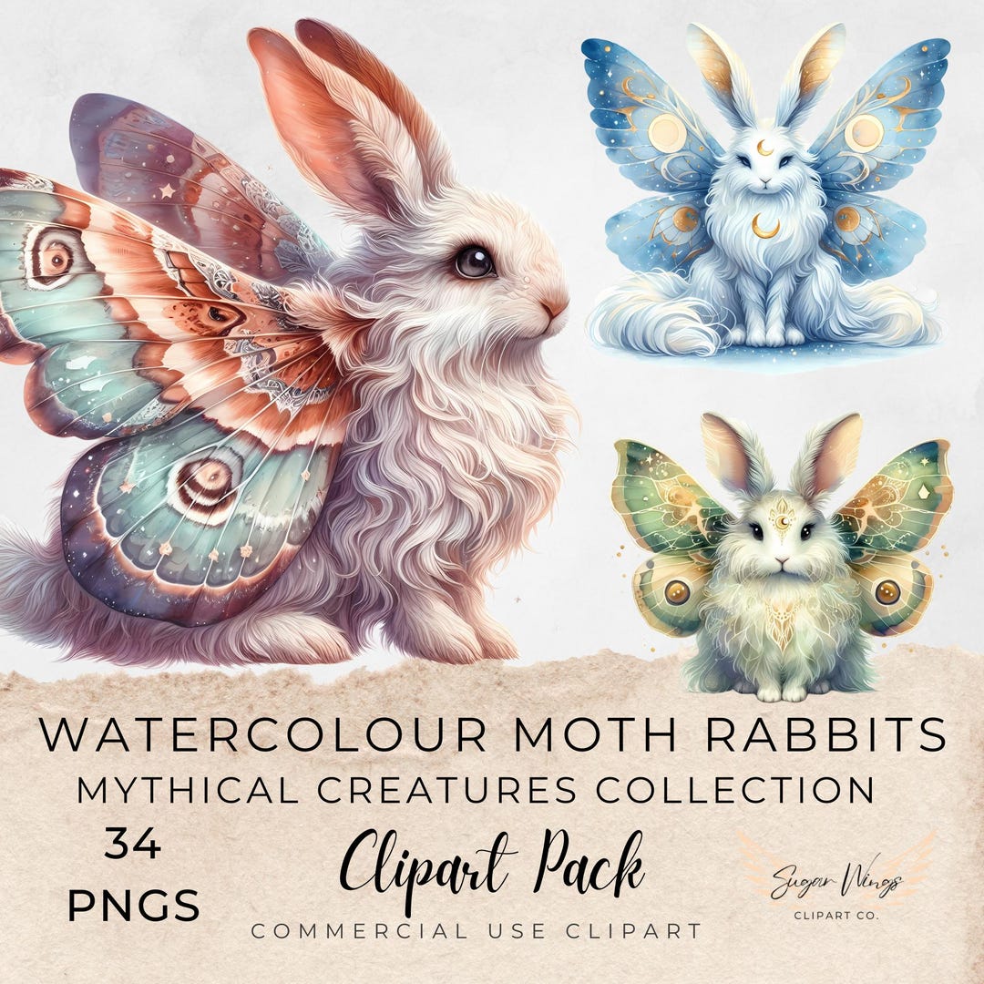 Moth Rabbit Watercolour Clipart, PNG Bundle, Watercolour Mythical Moon ...