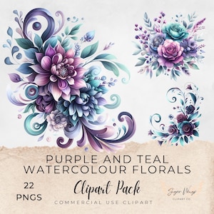 May include: A set of watercolour floral clip art in purple and teal hues. The designs feature diverse flower arrangements and decorative elements. The text reads "Purple and Teal Watercolour Florals" and "Clipart Pack".