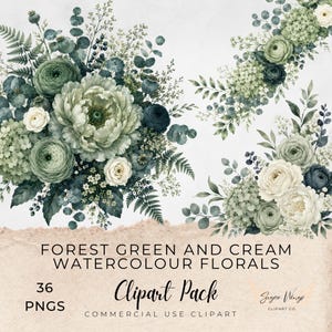 Op de afbeelding: Een digitaal clipartpakket met aquarel bloemstukken in bosgroene en crèmetinten. De collectie bevat diverse boeketten en botanische elementen zoals pioenrozen, ranonkels, eucalyptus en varens op een lichte achtergrond.