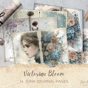 Pagine di diario vittoriano Bloom Junk, 14 fogli stampabili per scrapbooking Shabby Chic Vintage Floral, collage digitale, 11 x 8,5 cm