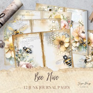 Bee Hive Junk Journal digitaal papier, honingraat vintage chic 12 pagina's, afdrukbaar kortstondig papier ambachtelijk collagevel 11 x 8,5, shabby stijl