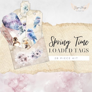 Spring Time Loaded Tag Printable, Vintage Shabby, Floral, Bluebird, Flowers, Chic Junk Journal Folio, Ephemera Paper Craft, Collage Sheet