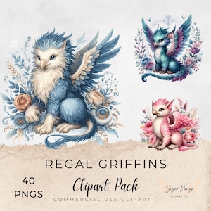 May include: A digital clipart pack featuring three watercolor illustrations of regal griffins in shades of blue, teal, and pink, surrounded by floral elements. The text "REGAL GRIFFINS Clipart Pack" is displayed below the images, along with "40 PNGS" and "COMMERCIAL USE CLIPART".