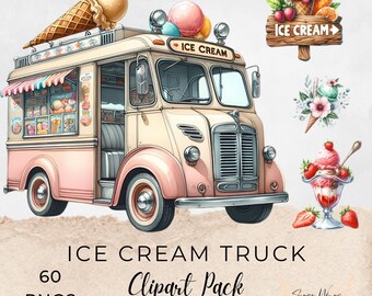 Ice Cream Truck Clipart Bundle | 60 PNGs | Vintage Summer Ice Cream Van Illustrations | Commercial Use | Cute Dessert Clip Art | Sublimation