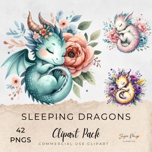 Paquete de imágenes prediseñadas de dragones durmientes / 42 PNG / Ilustraciones mágicas, adorables y caprichosas / Uso comercial / Imágenes prediseñadas de dragones adorables / Sublimación