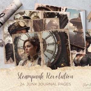 Pagine di diario Steampunk Junk, 24 fogli stampabili con estetica Steampunk vintage, kit per album digitali, collage di fantascienza vittoriana