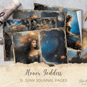 Pagine di diario "Flower Goddess Junk", kit da 24 stampe, carta per scrapbooking floreale vintage in stile Art Nouveau, collage digitale, download immediato