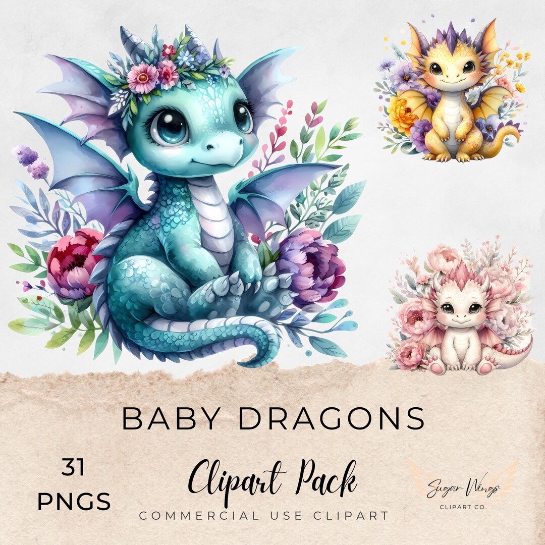 Baby Dragons Clipart Bundle | 31 Pngs | Cute Whimsical Magical ...