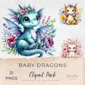 Paquete de imágenes prediseñadas de dragones bebés / 31 PNG / Ilustraciones de criaturas mágicas adorables y caprichosas / Uso comercial / Imágenes prediseñadas de dragones adorables / Sublimación