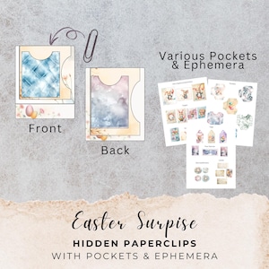 May include: An Easter-themed papercraft set featuring pockets, ephemera, and hidden paperclips. The front and back of the pocket are shown, along with various decorative elements, including tags, labels, and floral designs. The text reads "Easter Surprise".
