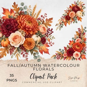 May include: A digital collection of fall-themed watercolor floral illustrations featuring deep red dahlias, orange chrysanthemums, peach roses, small pumpkins, wheat stalks, and autumn leaves. The text reads FALL/AUTUMN WATERCOLOUR FLORALS 35 PNGS.